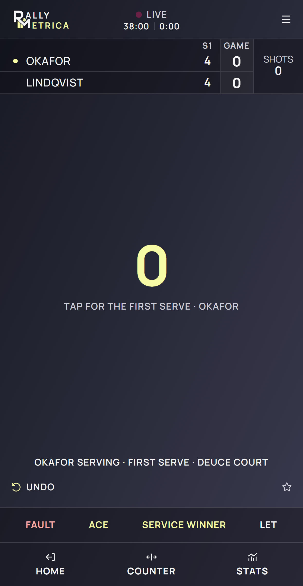 The live court in Counter mode: one tap per shot, then the ending