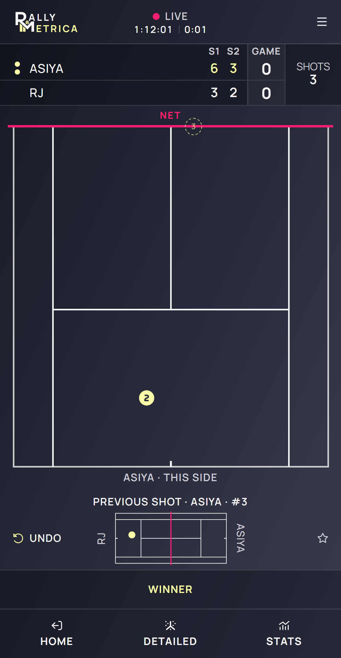 Rallymetrica live court with the score and detailed shot tracking