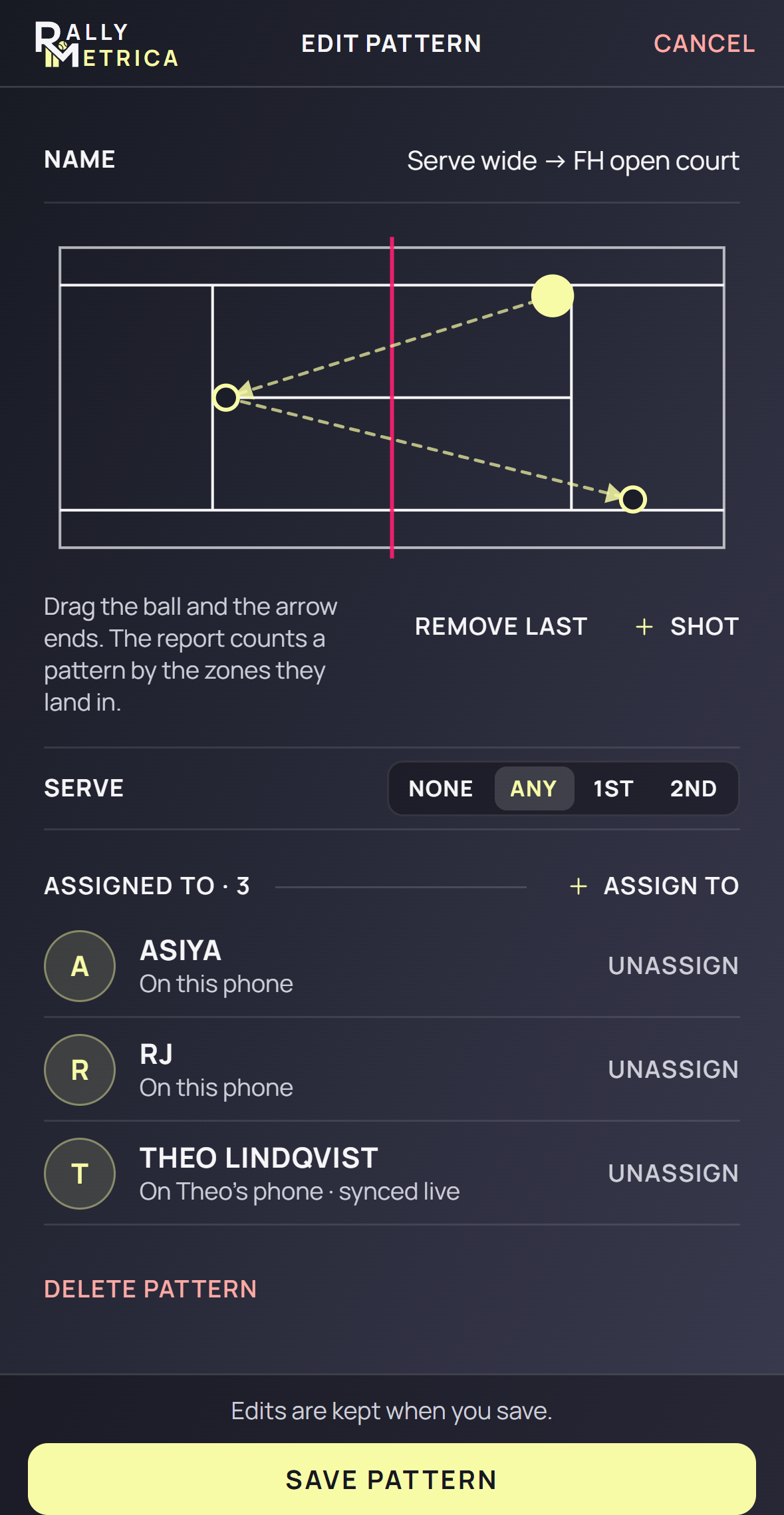 Coach pattern editor with a drawn shot sequence and Save pattern control